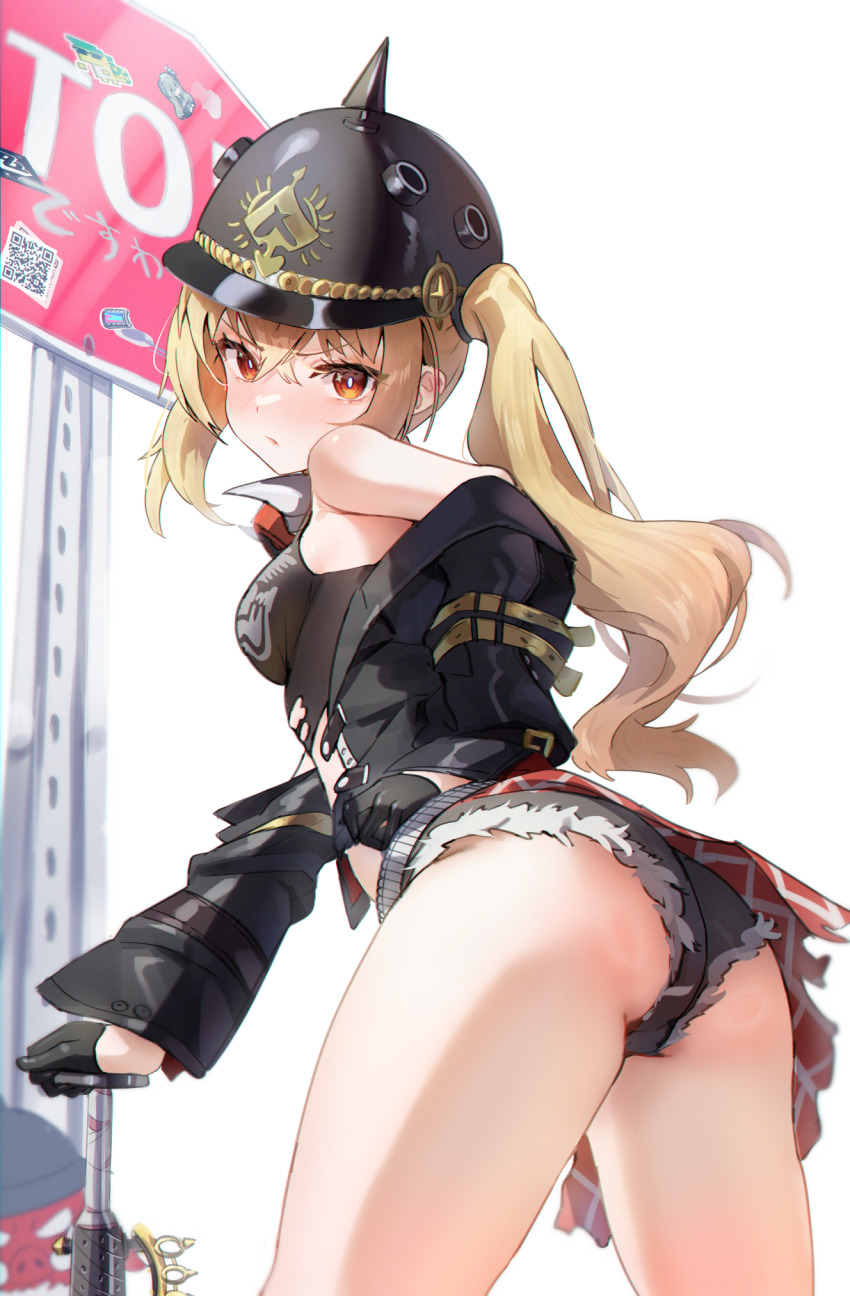 1girl, ass, baseball_bat, black_gloves, black_helmet, black_jacket, black_shorts, blonde_hair, combat_helmet, commentary_request, cowboy_shot, crop_top, cutoffs, desire_(des1re), gloves, half_gloves, helmet, highres, jacket, loli, long_hair, looking_at_viewer, looking_back, luciana_de_montefio, mask, mask_around_neck, metal_baseball_bat, micro_shorts, pickelhaube, red_eyes, road_sign, shorts, sign, solo, stop_sign, white_background, zenless_zone_zero