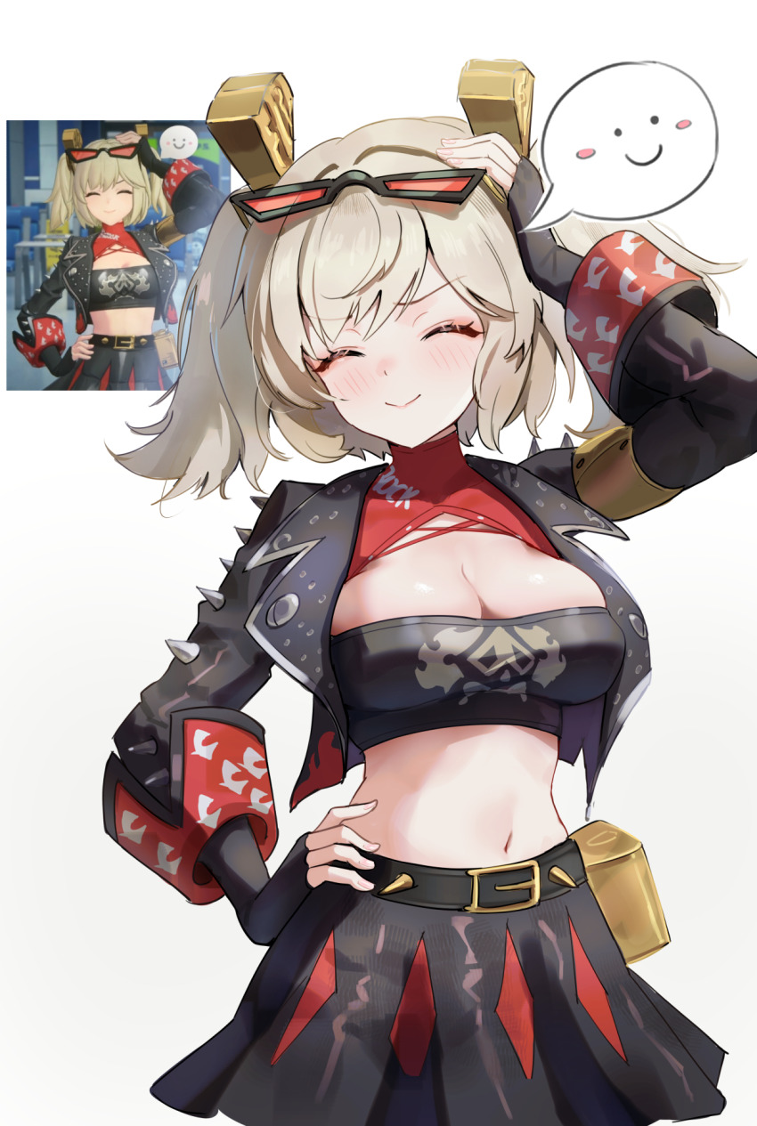 1girl, black_gloves, black_jacket, blonde_hair, blush, breasts, burnice_white, cleavage