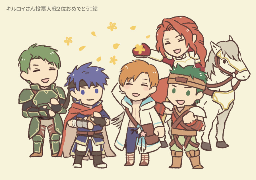 1girl, 4boys, armor, bag, blue_eyes, blue_hair, boyd_(fire_emblem), cape