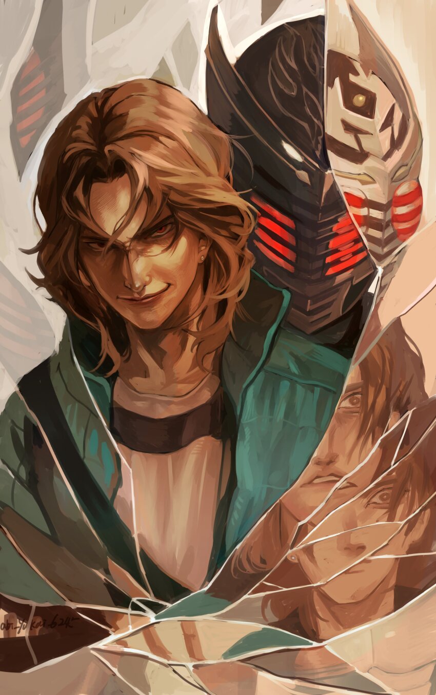 abi_yukai_6245, absurdres, blue_jacket, brown_hair, commentary_request, crack, cracked_glass, helmet, highres, jacket, kamen_rider, kamen_rider_ryuki, kamen_rider_ryuki_(series), kidou_shinji, male_focus, red_eyes, shirt, smile, tokusatsu