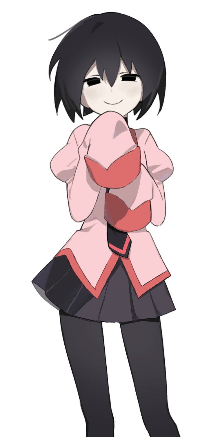 black_eyes, black_hair, black_necktie, black_pantyhose, black_skirt, bob_cut, closed_mouth, collared_shirt