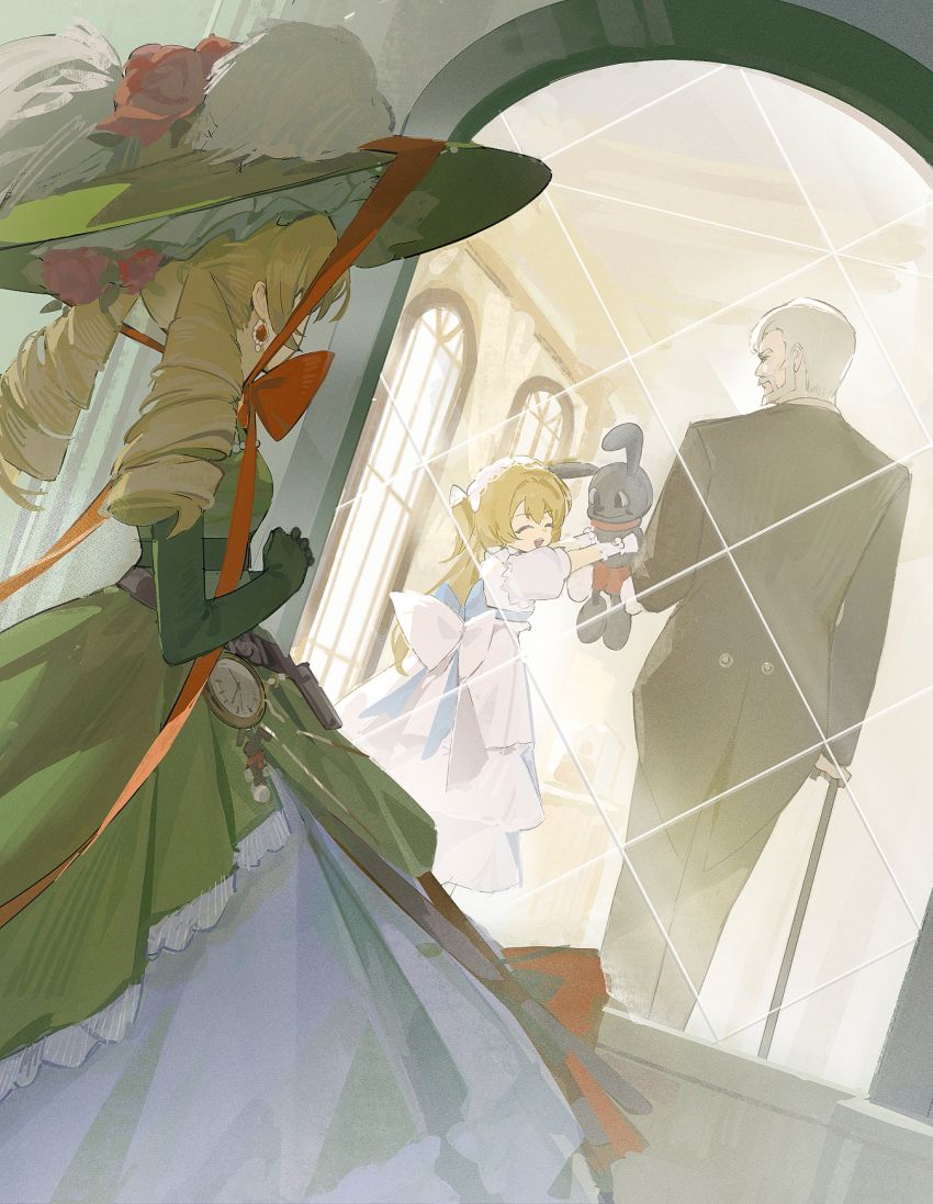 1boy, 2girls, :d, back_bow, belt, black_pants, blonde_hair, bow