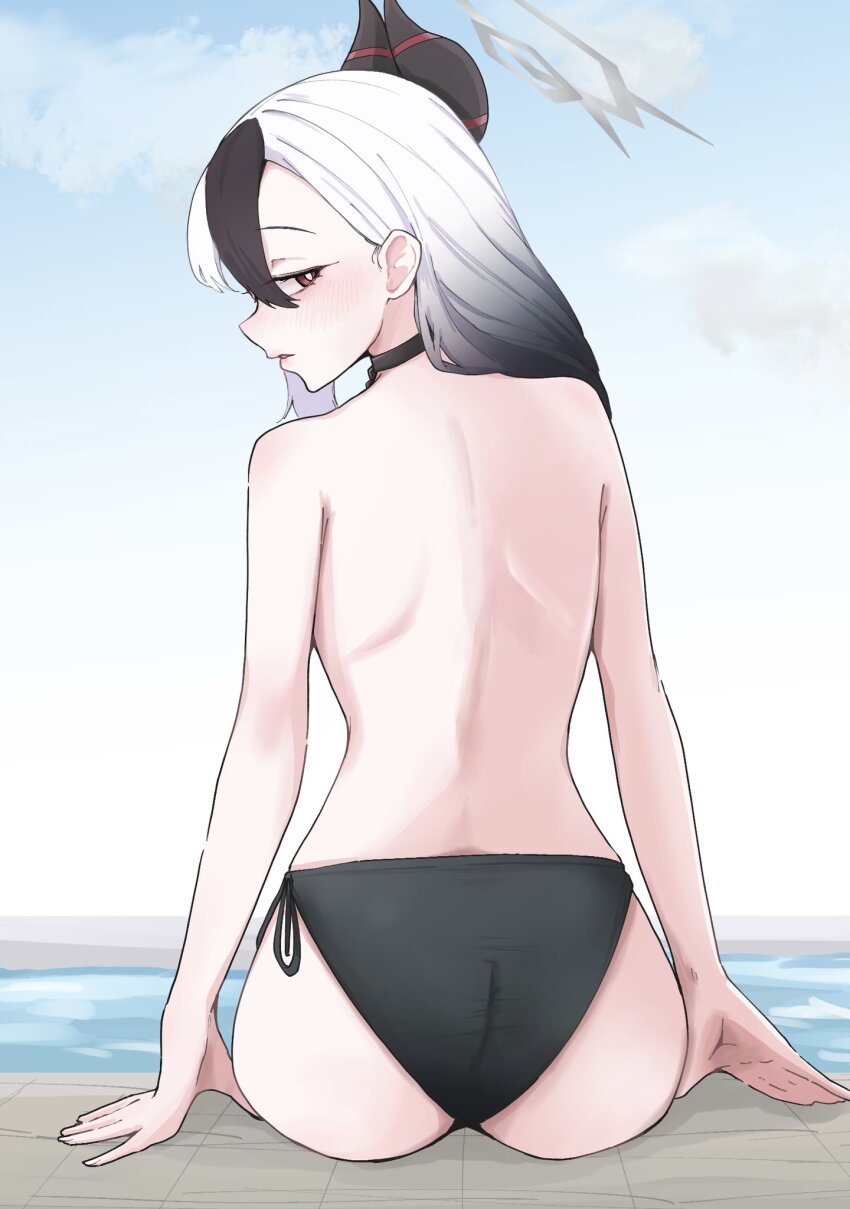 1girl, ass, bikini, bikini_bottom_only, black_choker, black_horns, blue_archive, choker