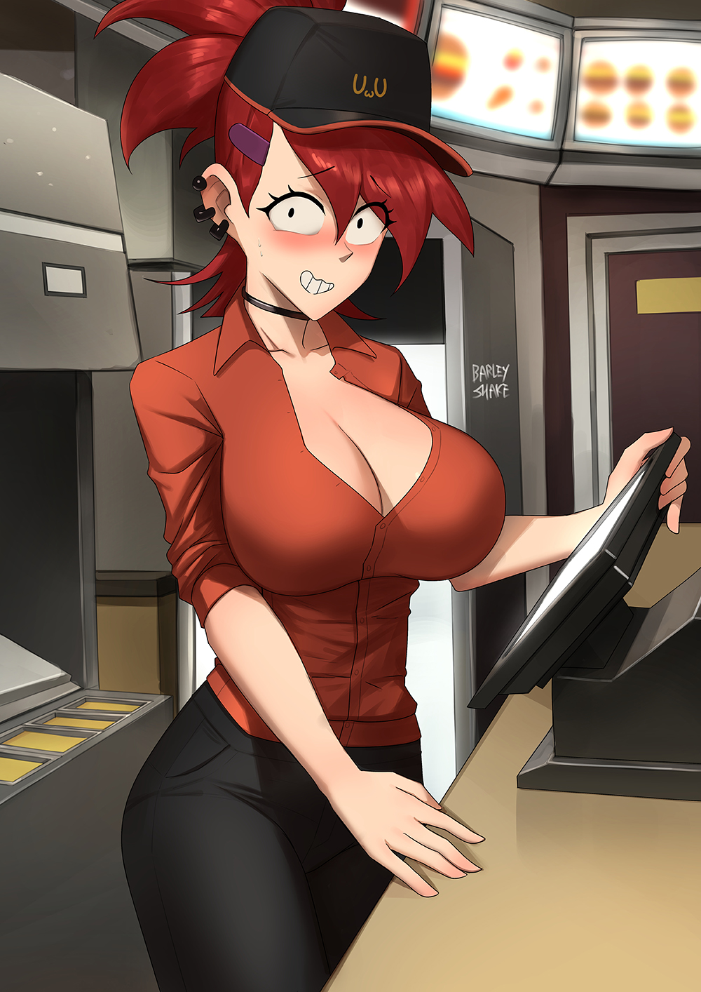 1girl, barleyshake, black_choker, blush, brand_name_imitation, breasts, burger, cashier, choker, cleavage, deep_fryer, ear_piercing, earrings, employee_uniform, fast_food, fast_food_uniform, food, foster's_home_for_imaginary_friends, frankie_foster, hair_ornament, hairclip, hat, highres, hoop_earrings, jewelry, large_breasts, long_bangs, looking_at_viewer, mcdonald's, multiple_piercings, open_mouth, piercing, polo_shirt, ponytail, red_hair, shirt, smile, solo, toon_(style), visor_cap, wavy_mouth, wcdonald's