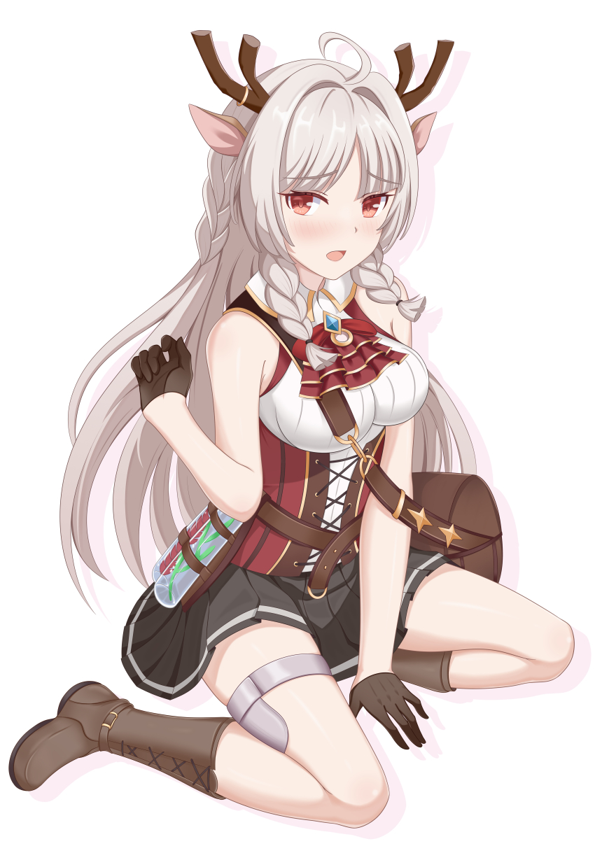 1girl, absurdres, ahoge, animal_ears, antler_ornament, antlers, bag, between_legs, black_gloves, black_skirt, blush, boots, braid, breasts, brown_bag, brown_boots, cross-laced_clothes, deer_antlers, deer_ears, framed_breasts, full_body, gloves, grey_hair, hair_over_shoulder, hand_between_legs, highres, horns, knee_boots, kneeling, lace-up_boots, long_hair, looking_at_viewer, louise_marie, medium_breasts, on_ground, open_mouth, pleated_skirt, princess_connect!, red_eyes, red_shirt, shirt, shoulder_bag, shoulder_strap, side_braid, simple_background, skirt, sleeveless, sleeveless_shirt, solo, striped_clothes, thigh_strap, vertical-striped_clothes, vial, white_background, white_trim, winterline