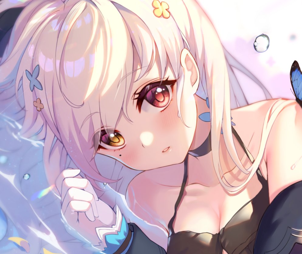 1girl, bare_shoulders, black_choker, black_dress, black_jacket, blue_butterfly, blush, breasts