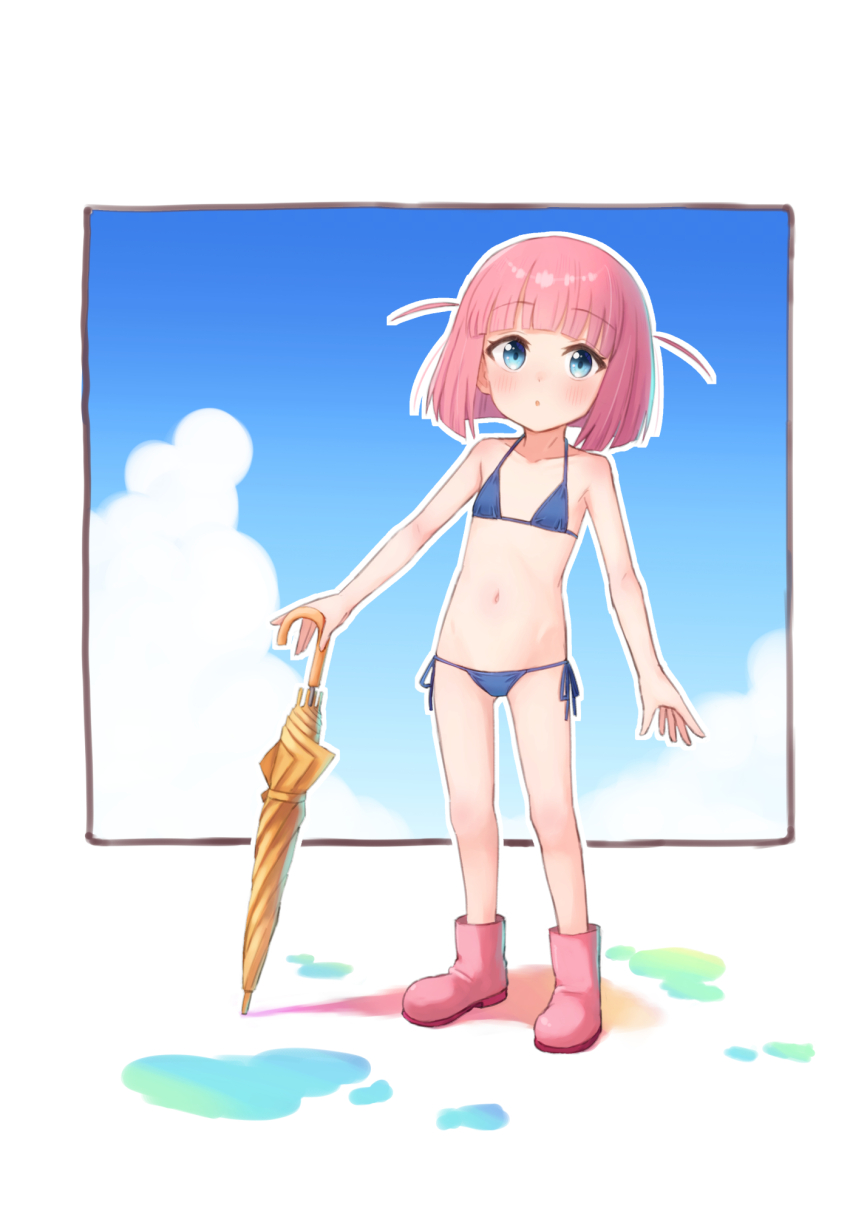 1girl, bikini, blue_bikini, blue_eyes, blue_sky, bocchi_the_rock!, boots, border