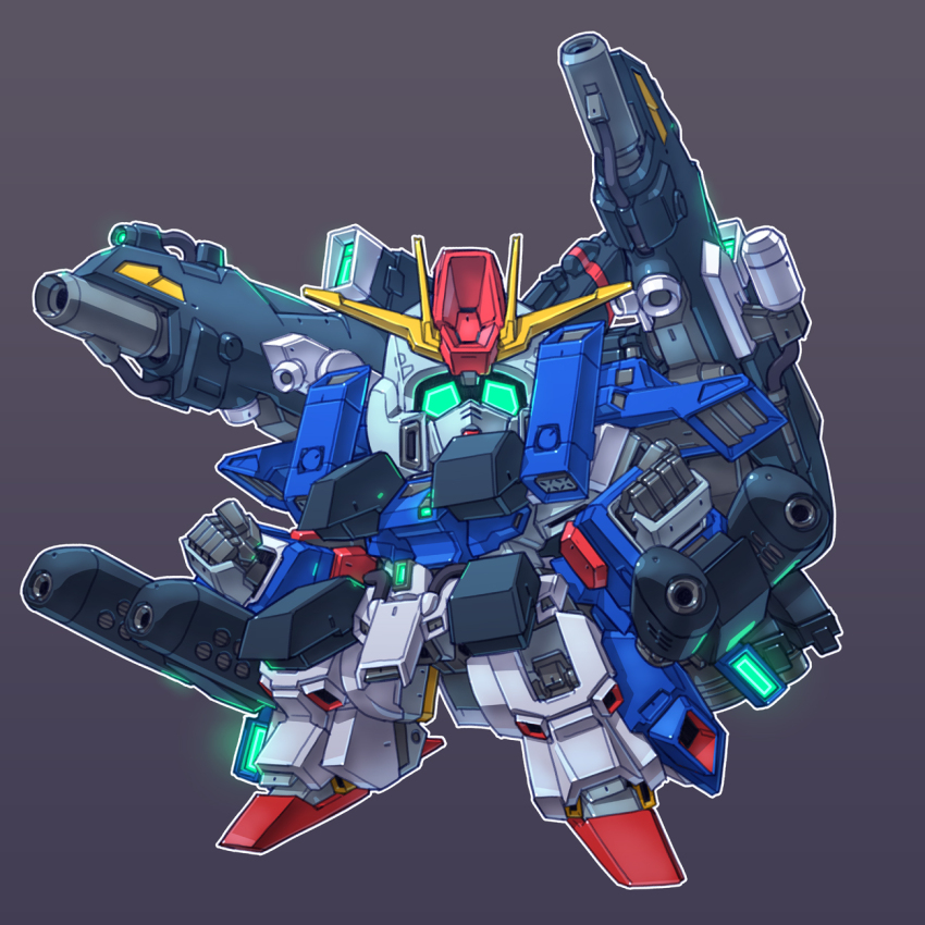 armor, beam_rifle, blue_eyes, chibi, double_beam_cannon, energy_gun, fazz_(gundam), full_armor, full_armor_zz_gundam, glowing, glowing_eye, grey_background, gun, gundam, gundam_sentinel, gundam_zz, highres, mecha, mecha_focus, mobile_suit, no_humans, redesign, robot, sd_gundam, shoulder_cannon, susagane, v-fin, weapon, zz_gundam