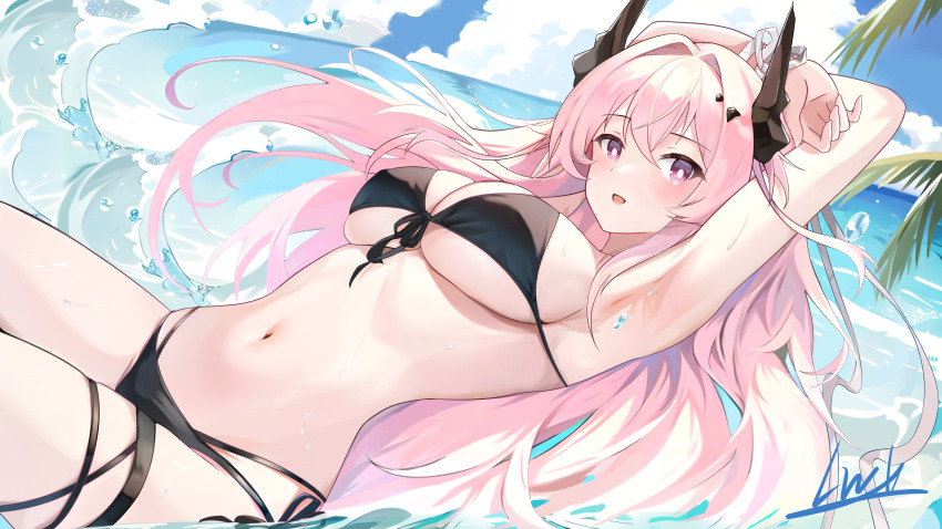 1girl, absurdres, arknights, armpits, arms_up, bikini, black_bikini, breasts