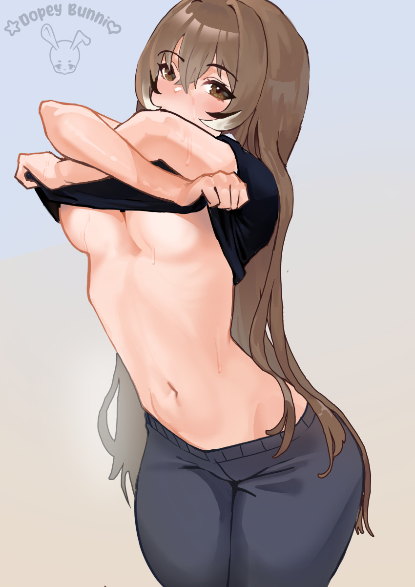 1girl, absurdres, artist_name, belly, black_shirt, blush, breasts, brown_eyes, brown_hair, clothes_lift, clothes_pull, commentary, cowboy_shot, crossed_arms, crossed_bangs, denim, dopeybunni, english_commentary, gradient_background, grey_background, groin, hair_between_eyes, highres, hololive, hololive_english, hot, jeans, long_hair, looking_at_viewer, medium_breasts, midriff, nanashi_mumei, navel, no_bra, pants, shirt, shirt_lift, signature, simple_background, solo, standing, stomach, sweat, twitter_username, underboob, undressing, very_long_hair, virtual_youtuber