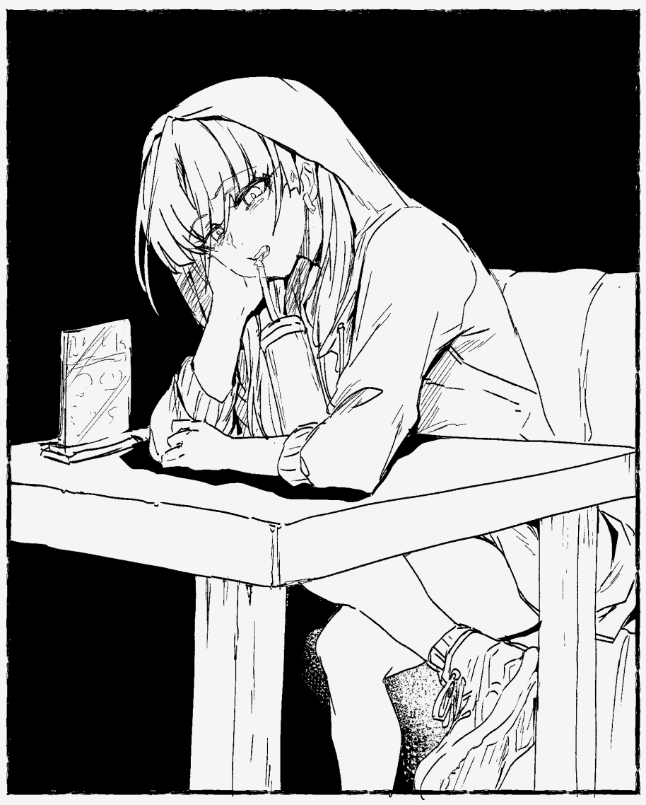 1girl, ado_(utaite), commentary_request, drinking_straw, drinking_straw_in_mouth, earrings, greyscale, hood