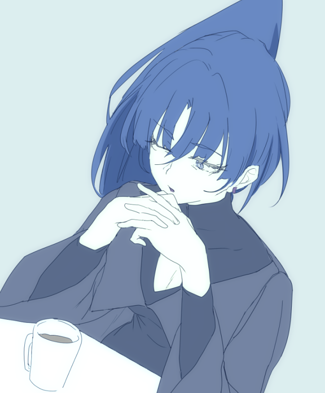 1girl, ado_(utaite), blue_hair, breasts, cleavage, cleavage_cutout, clothing_cutout, commentary_request