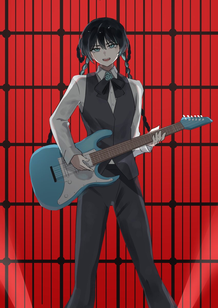 1girl, absurdres, ado_(utaite), ado_box, black_bow, black_bowtie, black_hair, black_pants