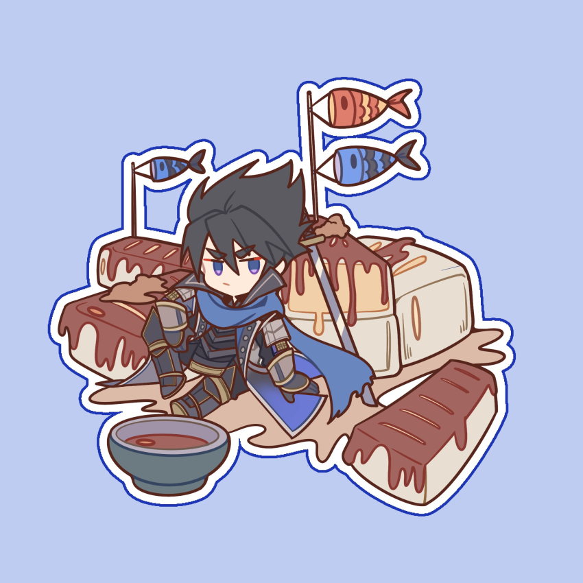 1boy, :|, black_hair, blue_background, blue_eyes, blue_scarf, chibi, chibi_only