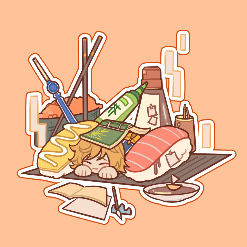 1boy, ^_^, blonde_hair, book, chibi, chibi_only, chopsticks, closed_eyes