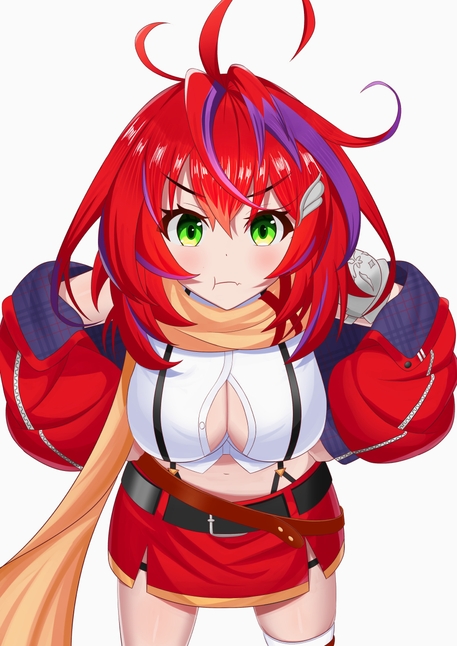 1girl, :t, akane_canna, akane_canna_(1st_costume), antenna_hair, armor, aura_yagg, belt, black_belt, blush, breasts, brown_belt, button_gap, cleavage, commentary_request, cowboy_shot, frown, green_eyes, hair_between_eyes, hair_ornament, hands_on_own_hips, highres, jacket, jacket_partially_removed, large_breasts, leaning_forward, looking_at_viewer, loose_belt, medium_hair, midriff, multicolored_hair, nanashi_inc., navel, orange_scarf, pauldrons, pencil_skirt, plaid_clothes, plaid_jacket, purple_hair, purple_jacket, red_hair, red_jacket, red_skirt, scarf, shirt, shoulder_armor, simple_background, single_pauldron, skirt, sleeveless, sleeveless_shirt, solo, streaked_hair, suspender_skirt, suspenders, two-sided_fabric, two-sided_jacket, two-tone_hair, v-shaped_eyebrows, virtual_youtuber, white_background, white_shirt, wing_hair_ornament, zipper