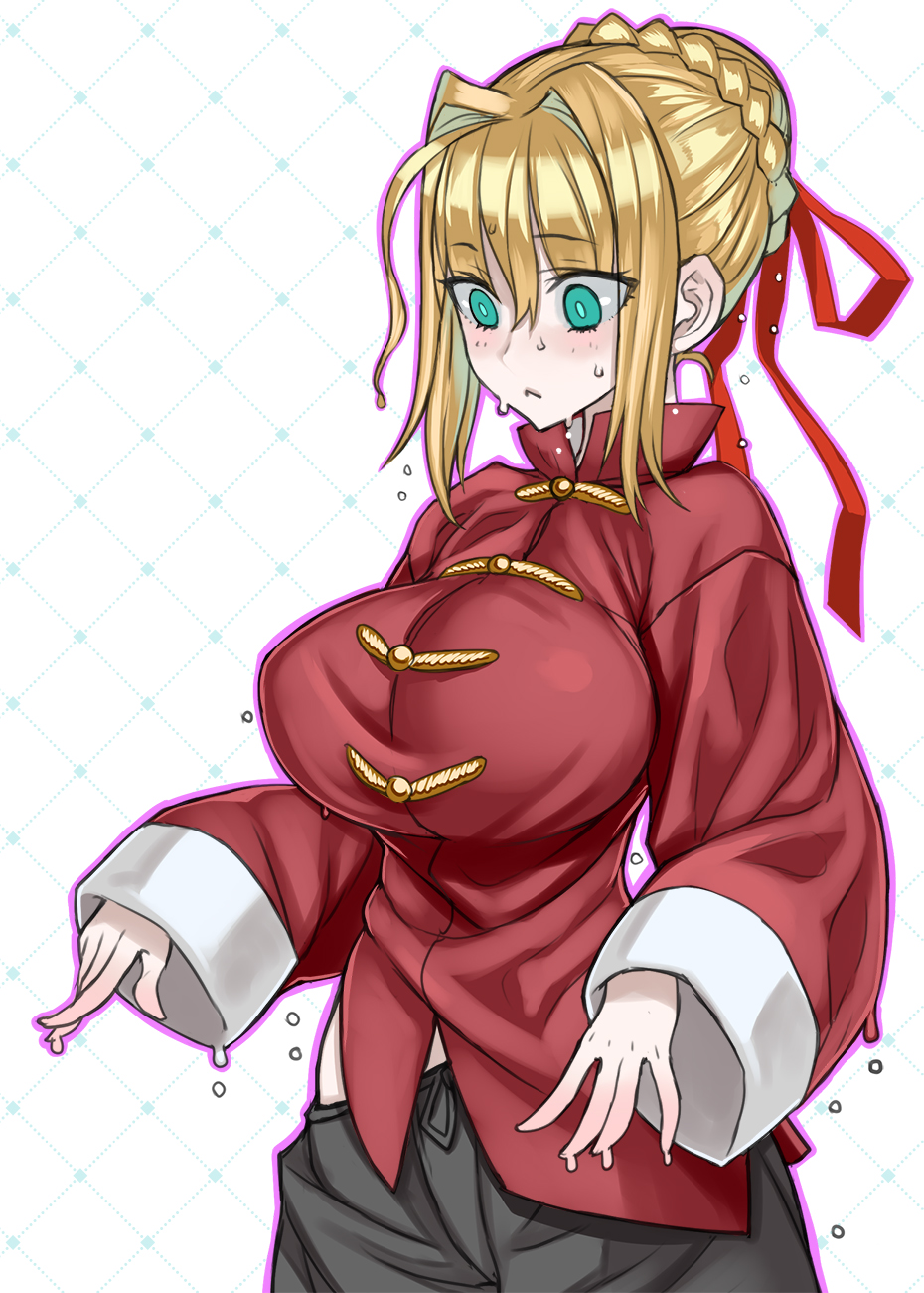 1girl, ahoge, black_pants, blonde_hair, breasts, chinese_clothes, cosplay, fate/grand_order