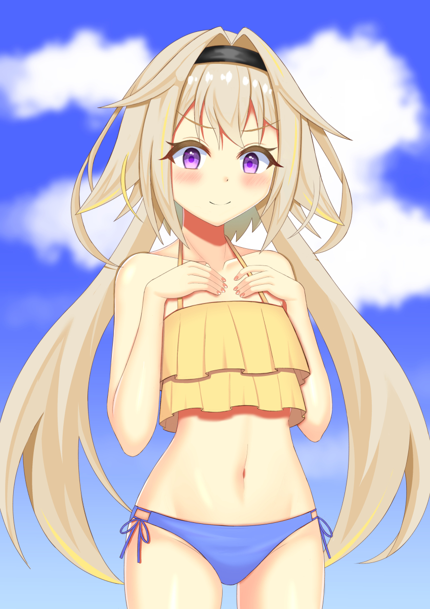 1girl, absurdres, aura_yagg, bikini, black_hairband, blonde_hair, blue_bikini, blue_sky, blush, closed_mouth, cloud, commentary_request, cowboy_shot, flat_chest, frilled_bikini, frills, hair_intakes, hairband, hands_on_own_chest, highres, ieiri_popo, looking_at_viewer, mismatched_bikini, multicolored_hair, nanashi_inc., navel, paid_reward_available, pink_nails, purple_eyes, shiny_skin, short_hair_with_long_locks, sidelocks, sky, smile, solo, streaked_hair, swimsuit, virtual_youtuber, yellow_bikini