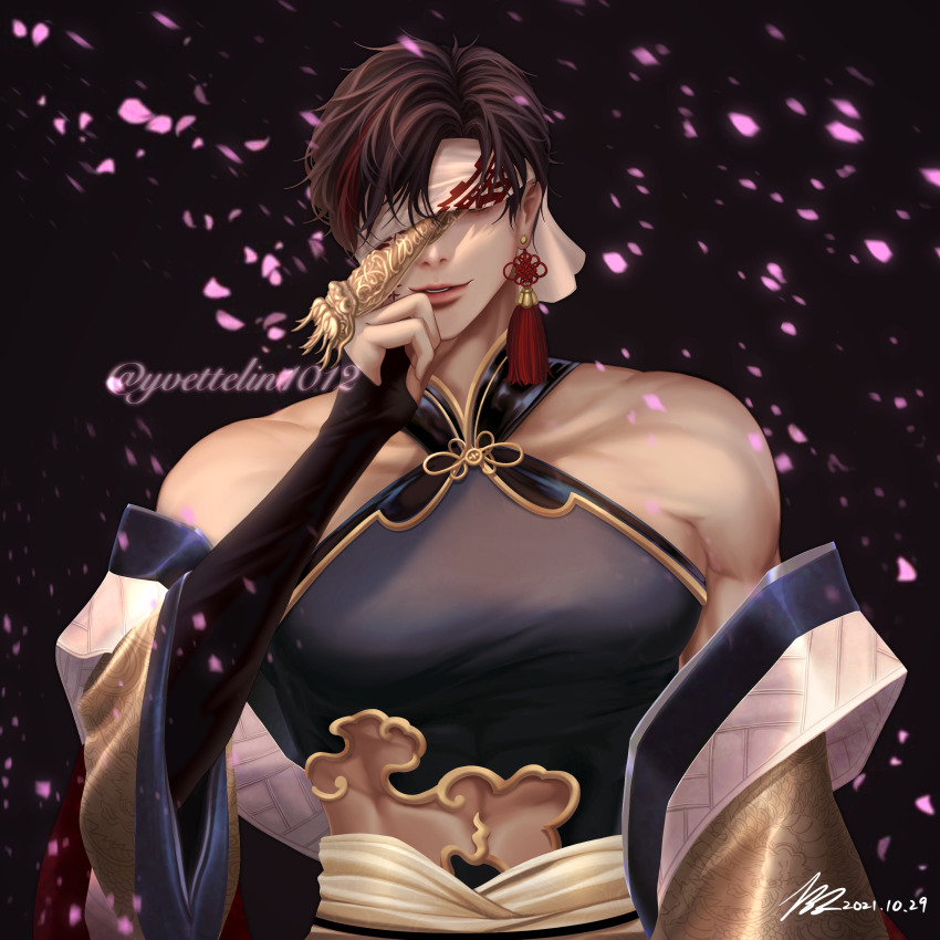 1boy, abs, absurdres, armor, bare_shoulders, black_hair, black_robe, black_trim