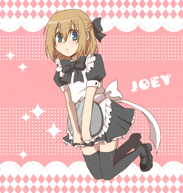 1boy, apron, black_thighhighs, blonde_hair, blue_eyes, blush, bow, character_name, crossdressing, crossdressing_(mtf), dress, english_text, frown, hair_bow, heroman, joey_jones, maid, maid_apron, male_focus, male_maid, mary_janes, pitsuuta, ponytail, shoes, short_hair, simple_background, skirt, solo, thighhighs, trap, waitress