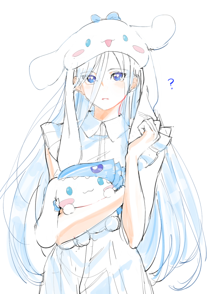 1girl, blue-eyes_white_dragon, blue-eyes_white_dragon_(cosplay), blue_eyes, blush, blush_stickers, bow, cinnamoroll