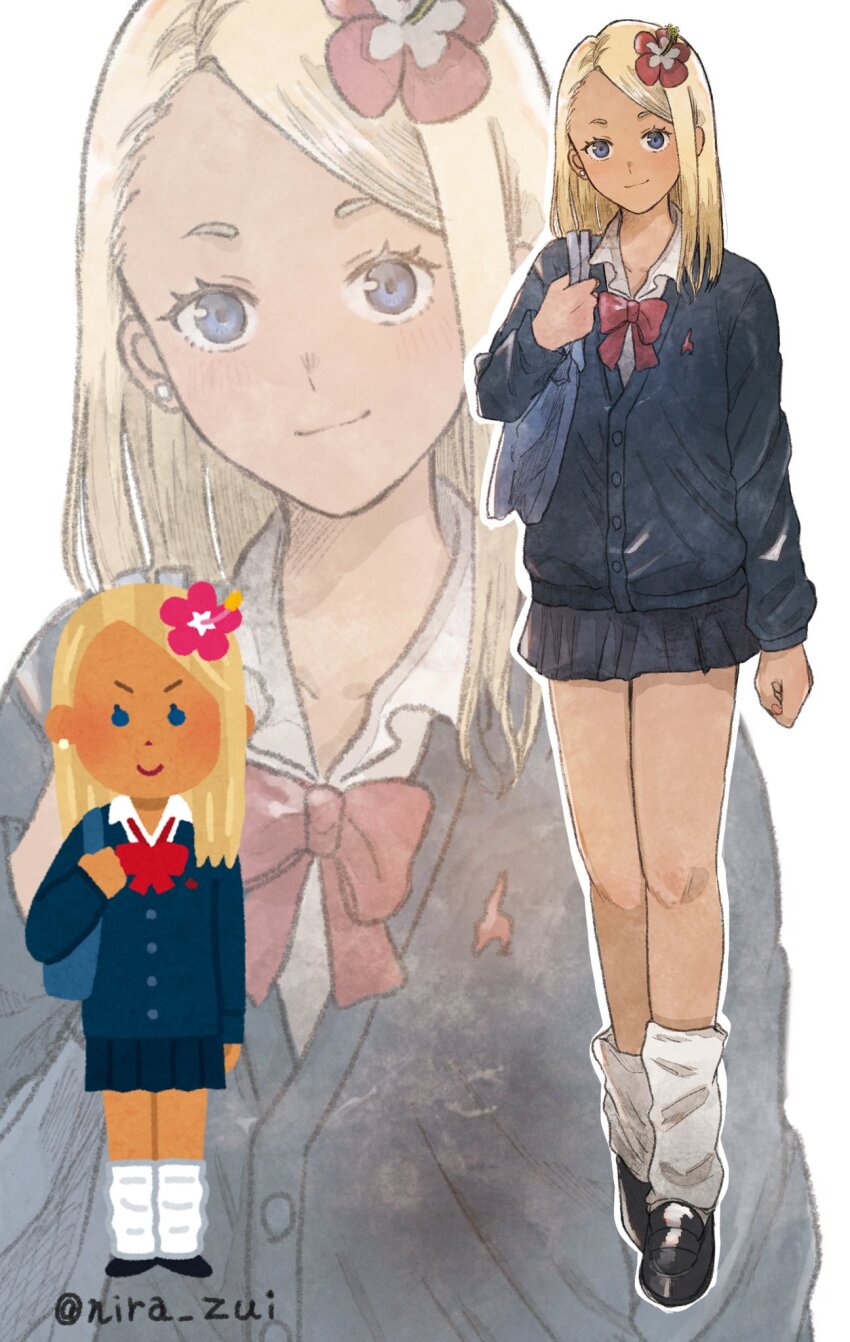 1girl, bag, blonde_hair, blue_eyes, bow, bowtie, choker, dark-skinned_female