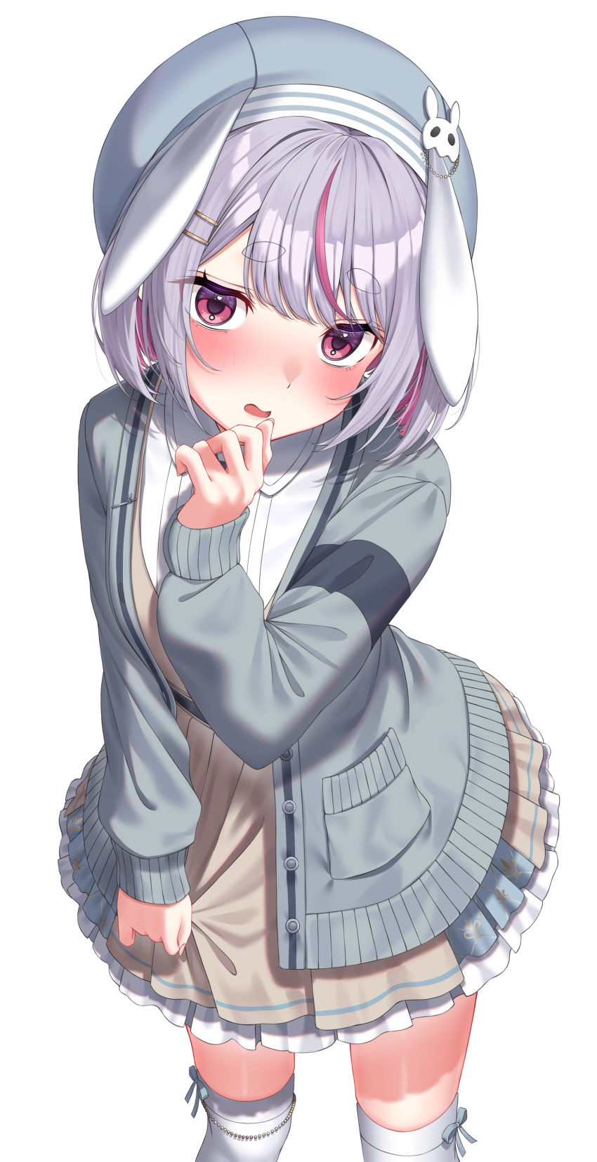 1girl, absurdres, beret, blush, bob_cut, bow_legwear, cardigan, cattleya_regina_games