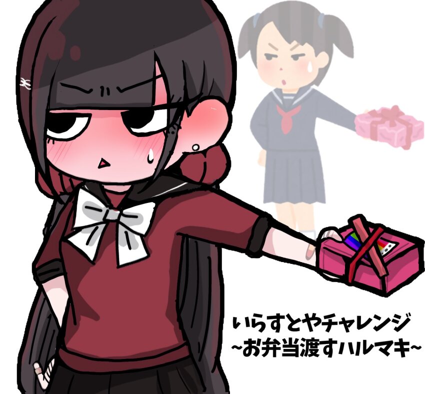 2girls, black_sailor_collar, blunt_bangs, blush, bow, bowtie, danganronpa_(series), danganronpa_v3:_killing_harmony