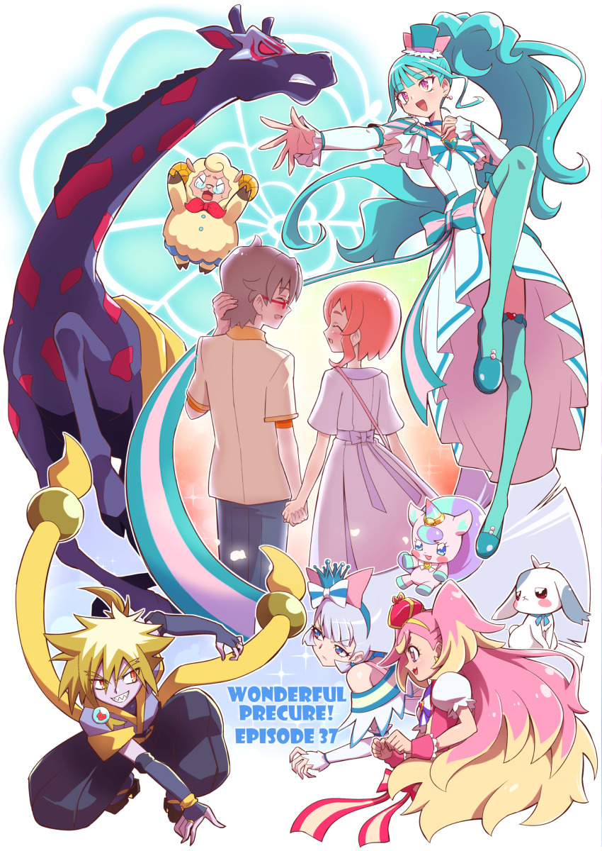 1other, 3boys, 5girls, absurdres, aqua_footwear, aqua_hair, aqua_hat, aqua_thighhighs