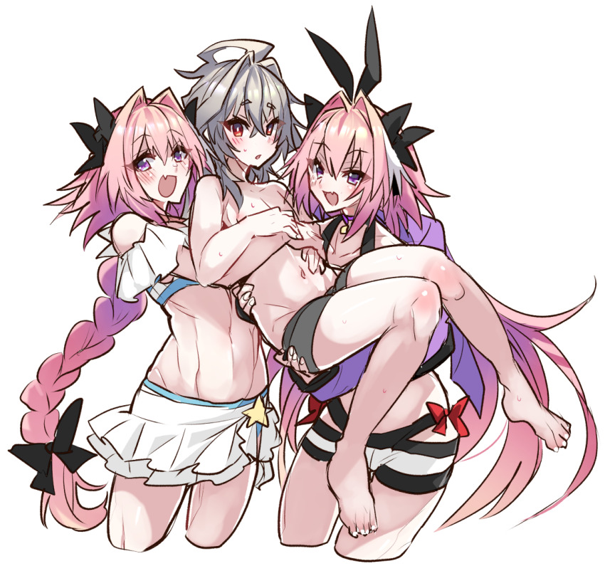 3boys, :d, androgynous, astolfo_(fate), astolfo_(saber)_(fate), astolfo_(sparkling_frills)_(fate), bikini, black_bow, blush, bow, braid, carrying, carrying_person, cropped_legs, crossed_bangs, eyelashes, fang, fate/apocrypha, fate/grand_order, fate_(series), frilled_bikini, frilled_skirt, frills, full_body, grey_hair, grey_male_swimwear, hair_between_eyes, hair_bow, hair_intakes, haoro, linea_alba, long_hair, male_focus, male_swimwear, medium_hair, multicolored_hair, multiple_boys, navel, open_mouth, pink_hair, purple_eyes, red_bow, sieg_(fate), simple_background, single_braid, skin_fang, skirt, smile, streaked_hair, striped_underwear, sweatdrop, swimsuit, trap, very_long_hair, white_background, white_hair