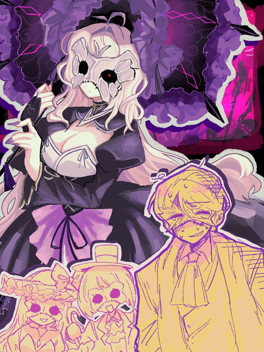 2boys, 2girls, :d, antenna_hair, ascot, bloodfiend_of_the_happy_parade_(project_moon), bloodfiend_of_the_joyful_parade_(project_moon), bow, breasts, cane, cassetti_(project_moon), cleavage, commentary, dress, dulcinea_(project_moon), e9b6a5, exhausted, expressionless, fingernails, hands_up, hat, hat_bow, highres, holding, holding_cane, holding_umbrella, impaled, limbus_company, long_hair, looking_at_viewer, mask, multiple_boys, multiple_girls, open_mouth, partially_colored, project_moon, purple_dress, purple_nails, red_eyes, sharp_fingernails, shirt, short_hair, smile, sweat, top_hat, umbrella, very_long_hair, vest, white_hair