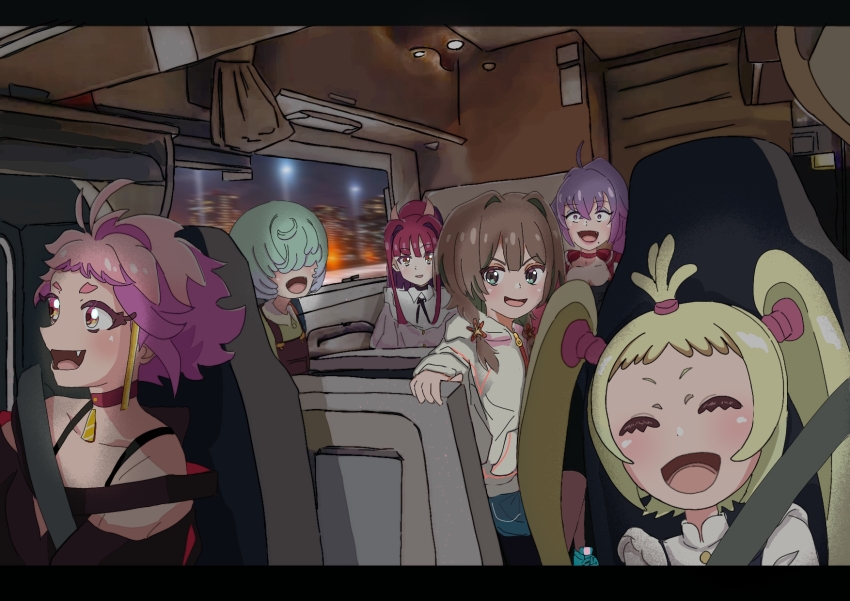 6+girls, :d, ahoge, brown_hair, car_interior, choker, closed_eyes, fang