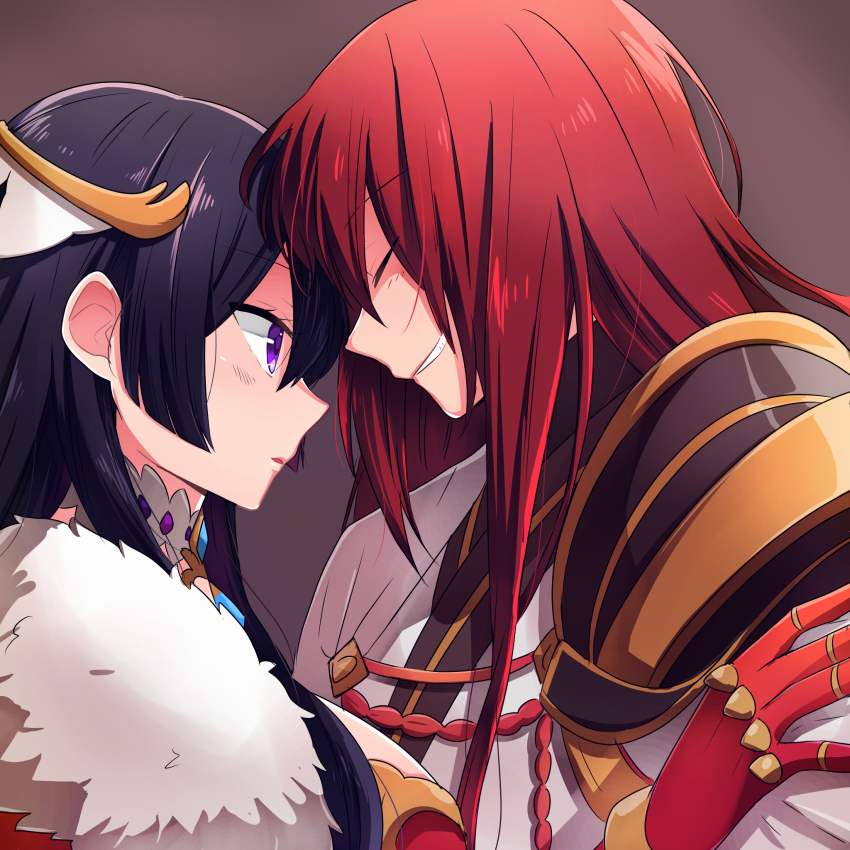 1boy, 1girl, black_hair, breasts, cape, cleavage, closed_eyes, dean_(shironeko_project), forehead-to-forehead, fur-trimmed_cape, fur_trim, gem, hair_ornament, heads_together, highres, hime_cut, hnp_(yukichi56), karen_(shironeko_project), long_hair, purple_eyes, red_hair, shironeko_project, single_shoulder_pad, teeth, very_long_hair