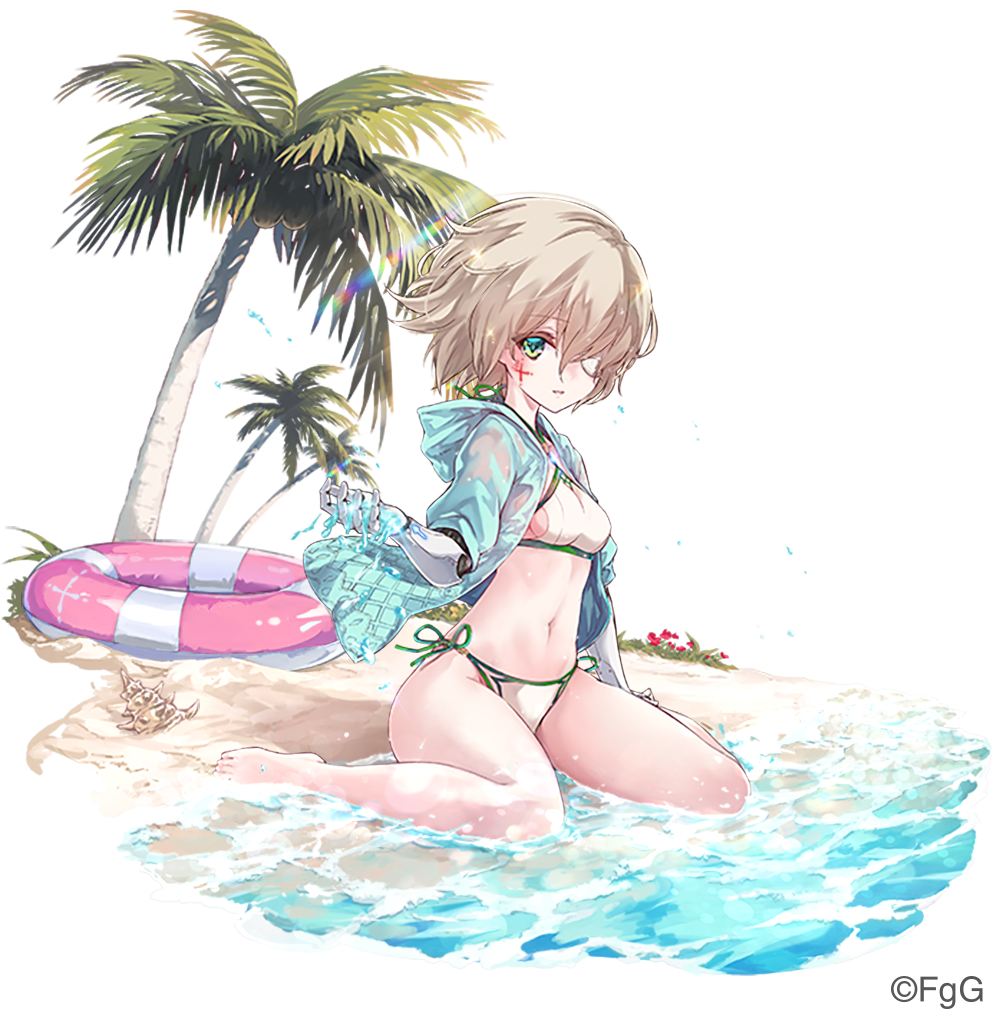1girl, ahat_(ta_ga_tame_no_alchemist), arm_support, beach, bikini, breasts, brown_hair, closed_mouth, eyepatch, full_body, green_eyes, hair_over_one_eye, hand_up, innertube, navel, official_alternate_costume, official_art, outdoors, palm_tree, prosthesis, prosthetic_arm, rinzo, second-party_source, short_hair, side-tie_bikini_bottom, sideboob, sitting, small_breasts, solo, swim_ring, swimsuit, ta_ga_tame_no_alchemist, thighs, transparent_background, tree, two-tone_innertube, wariza