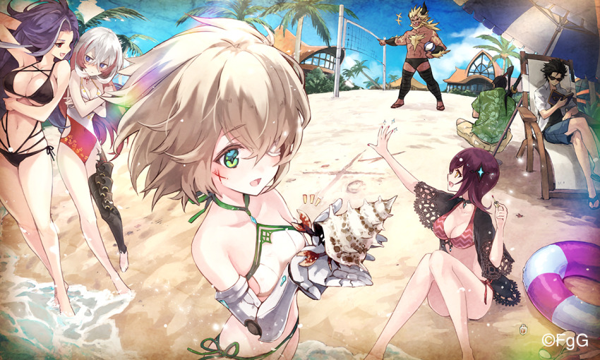 3boys, 4girls, ahat_(ta_ga_tame_no_alchemist), annoyed, applying_manicure, ball, beach, beach_chair, beach_house, beach_umbrella, beach_volleyball, beachball, bikini, black_bikini, black_shirt, blonde_hair, blue_eyes, blue_sky, blush, book, breast_envy, breasts, chair, chest_hair, cleavage, cloud, collared_shirt, commentary, commentary_request, day, facial_tattoo, fury_(ta_ga_tame_no_alchemist), green_eyes, green_shirt, hair_over_one_eye, hermit_crab, holding, holding_ball, holding_book, horns, innertube, katana, large_breasts, medium_breasts, multiple_boys, multiple_girls, nail_polish, neun_(ta_ga_tame_no_alchemist), official_art, on_chair, on_ground, one-piece_swimsuit, open_book, outdoors, outstretched_arm, palm_tree, profile, prosthesis, prosthetic_arm, purple_hair, reading, red_eyes, seashell, second-party_source, shell, shirt, short_sleeves, sieba_(ta_ga_tame_no_alchemist), sitting, sky, small_breasts, sol_(ta_ga_tame_no_alchemist), summer, sunglasses, swim_ring, swimsuit, sword, ta_ga_tame_no_alchemist, tattoo, teasing, topknot, tree, umbrella, vier_(ta_ga_tame_no_alchemist), weapon, white_bikini, white_shirt, yellow_eyes, zehn_(ta_ga_tame_no_alchemist)
