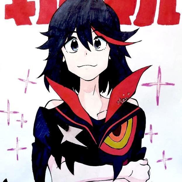 1girl, :3, bad_id, bad_instagram_id, black_hair, collarbone, derivative_work, double-parted_bangs, hikarinotenshi.arts, kill_la_kill, matoi_ryuuko, multicolored_hair, pale_skin, senketsu, short_hair, signature, sparkle, streaked_hair, tagme, traditional_media, two-tone_hair