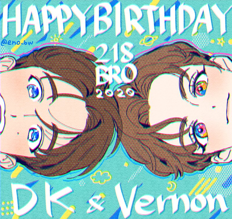 2boys, blue_background, blue_eyes, brown_hair, close-up, commentary, dated, dk_(seventeen)