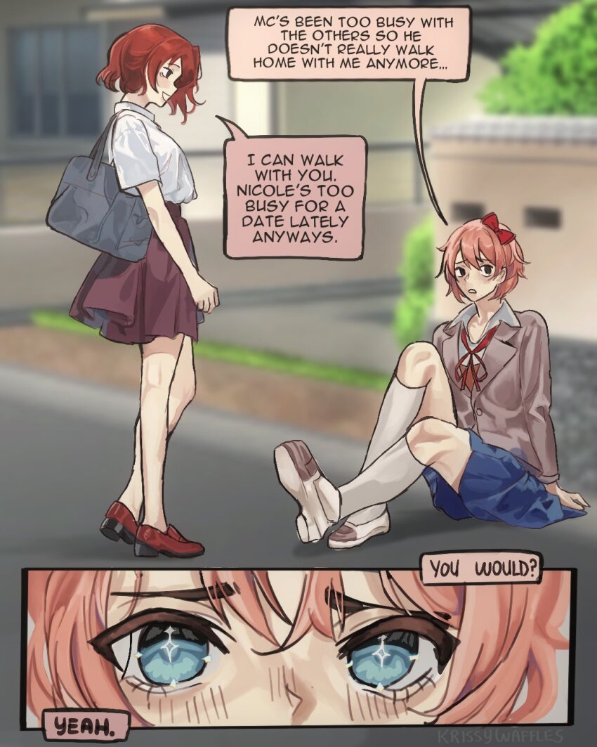 +_+, 2girls, ari_(class_of_09), bag, blue_eyes, bow, brown_hair, brown_skirt