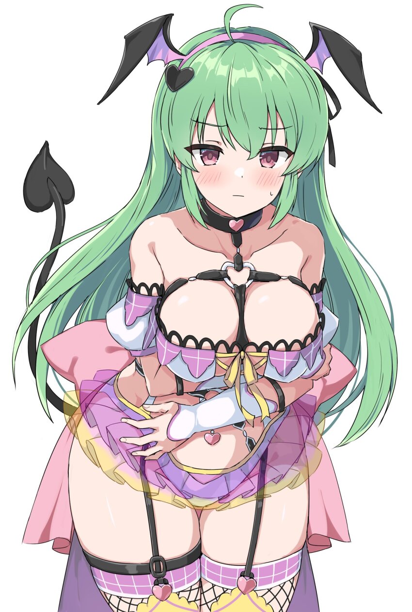 1girl, ahoge, arm_under_breasts, assault_lily, back_bow, bare_shoulders, bat_wings, black_collar, black_thighhighs, blush, bow, breasts, chest_harness, collar, collarbone, commentary, commentary_request, cosplay, cowboy_shot, crop_top, detached_sleeves, fake_wings, fishnet_thighhighs, fishnets, frilled_skirt, frills, garter_straps, green_hair, hair_between_eyes, hair_ornament, hairband, halloween_costume, hands_up, harness, hayakawa_yahiro, hayakawa_yahiro_(cosplay), head_wings, heart, heart_collar, heart_hair_ornament, heart_o-ring, highres, large_breasts, layered_skirt, long_hair, looking_at_viewer, microskirt, multicolored_skirt, multicolored_thighhighs, o-ring, pera, pink_bow, pink_eyes, pink_hairband, puffy_detached_sleeves, puffy_short_sleeves, puffy_sleeves, purple_skirt, purple_thighhighs, ribbon, see-through_clothes, see-through_skirt, short_sleeves, simple_background, skirt, solo, standing, strapless, sweatdrop, tanaka_ichi, thigh_gap, thighhighs, tube_top, very_long_hair, waist_cape, white_background, white_tube_top, wings, yellow_ribbon, yellow_skirt, yellow_thighhighs