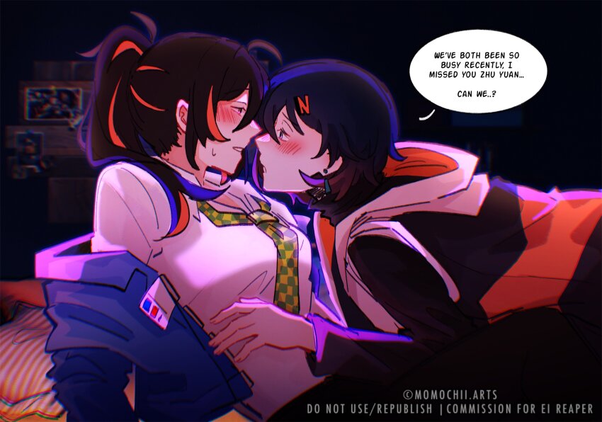2girls, belle_(zenless_zone_zero), black_hair, black_shirt, blue_hair, blue_jacket, blush, chromatic_aberration