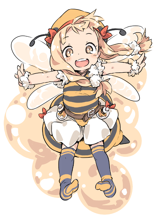 1girl, :d, antennae, arthropod_girl, bee_costume, bee_girl, bee_wings, belt, bow, brown_eyes, character_request, copyright_request, flask, fur_trim, hair_bow, hair_ornament, ham_(points), hat, honey, honey_day, insect_girl, insect_wings, kneehighs, light_brown_hair, looking_at_viewer, open_mouth, outstretched_arms, pom_pom_(clothes), pom_pom_hair_ornament, red_bow, round-bottom_flask, round_teeth, skirt, sleeveless, smile, socks, solo, spread_arms, striped_clothes, tareme, teeth, white_skirt, wings, yellow_hat