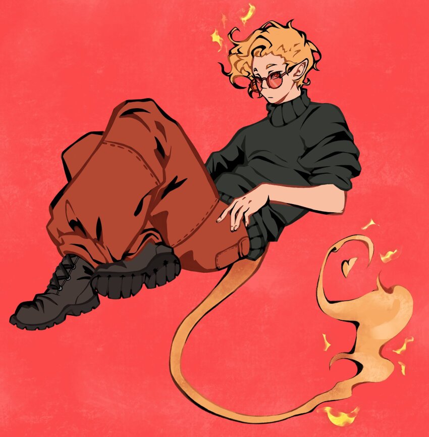 1boy, ahoge, black_boots, black_sweater, blonde_hair, boots, commentary, english_commentary, fire, heart, hermitcraft, highres, looking_at_viewer, male_focus, minecraft_youtube, monster_boy, pants, persiiart, pointy_ears, reclining, red-tinted_eyewear, red_background, red_pants, red_theme, round_eyewear, short_hair, simple_background, solo, sunglasses, sweater, tail, tangotek, tinted_eyewear