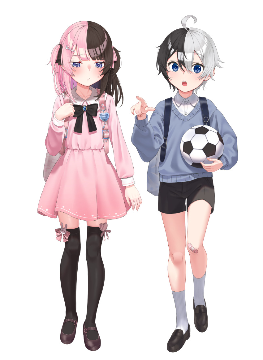 1boy, 1girl, absurdres, aged_down, ahoge, backpack, bag, ball, bandaid, bandaid_on_knee, bandaid_on_leg, black_hair, black_shorts, black_thighhighs, blue_eyes, blue_sweater, blunt_bangs, bow_legwear, brown_hair, child, collared_dress, collared_shirt, dress, full_body, hair_between_eyes, hair_ornament, hair_ribbon, hairpin, highres, indie_virtual_youtuber, iris_black_games, kamito_(vtuber), kiaoekakishitai, long_sleeves, mary_janes, multicolored_hair, open_mouth, pink_dress, pink_hair, ribbon, shirt, shoes, short_shorts, shorts, soccer_ball, socks, split-color_hair, standing, sweater, tachibana_hinano, thighhighs, two-tone_hair, two_side_up, virtual_youtuber, vspo!, white_background, white_hair, white_shirt, white_socks