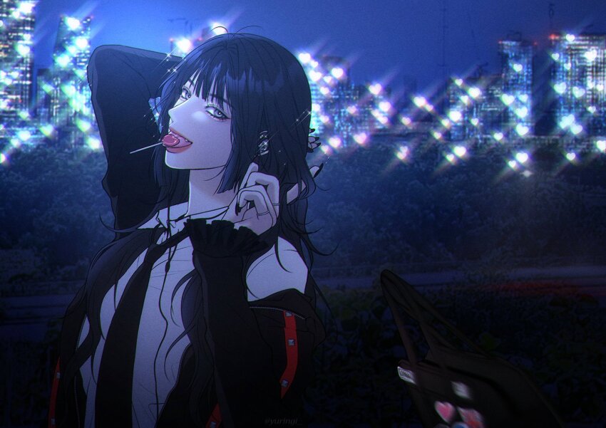 1girl, bag, black_hair, black_nails, black_necktie, blunt_bangs, building, candy