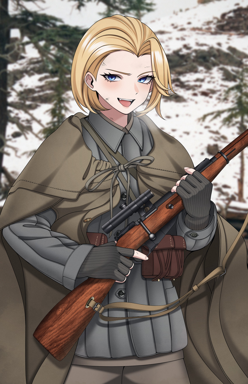 1girl, absurdres, ammunition_pouch, belt, blonde_hair, blue_eyes, blurry, blurry_background