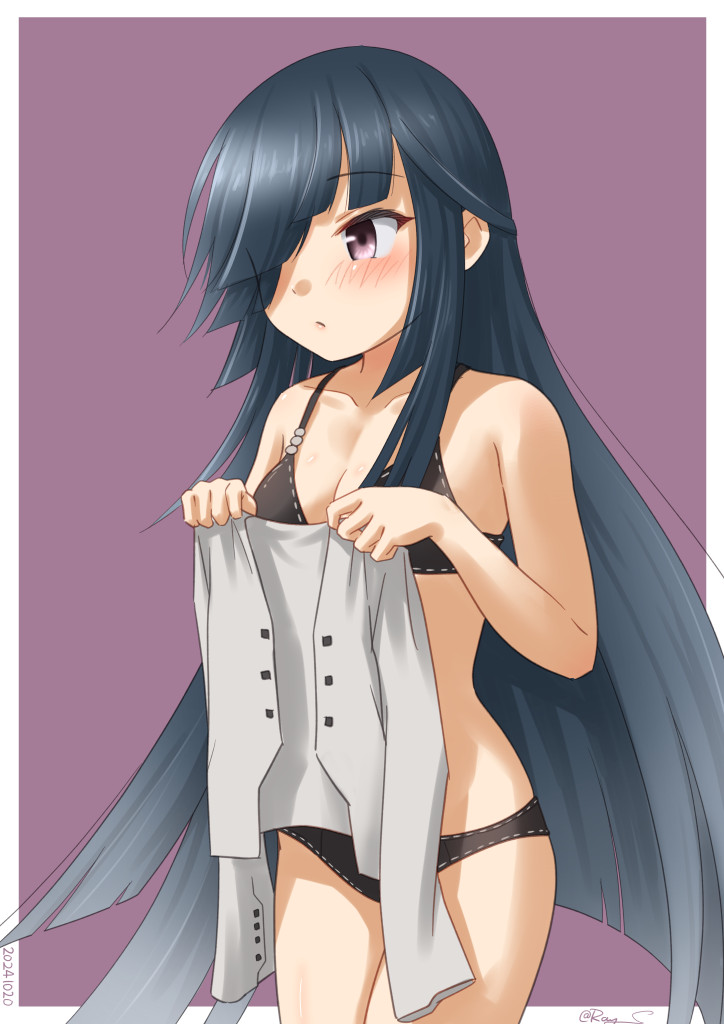 1girl, black_bra, black_hair, black_panties, blunt_bangs, border, bra, breasts