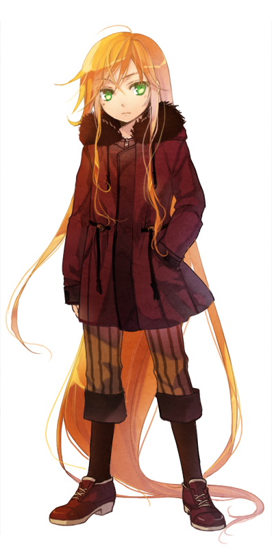 1boy, androgynous, blonde_hair, coat, daphine78805, frown, fur_trim, green_eyes, hand_in_pocket, long_hair, male_focus, orange_hair, original, pants, solo, trap, very_long_hair