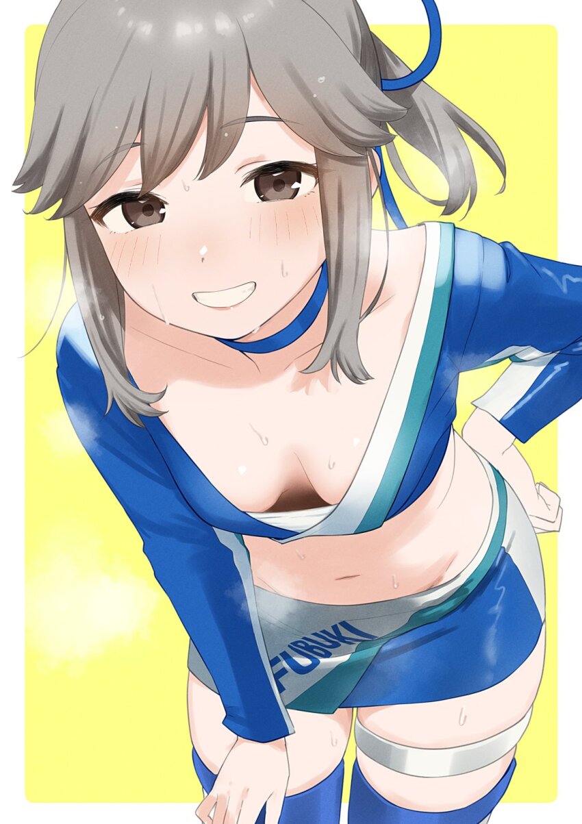 1girl, boots, breasts, brown_eyes, downblouse, grin, highres, kantai_collection