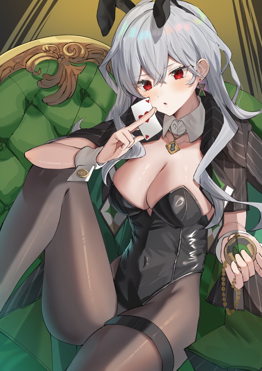 1girl, absurdres, animal_ears, breasts, card, cleavage, commentary, detached_collar, doomsday_(monster_strike), fake_animal_ears, grey_hair, highleg, highleg_leotard, highres, jacket, jacket_on_shoulders, leotard, long_hair, monster_strike, pantyhose, playboy_bunny, playing_card, rabbit_ears, red_eyes, se00_ki, sitting, solo, strapless, strapless_leotard, wrist_cuffs