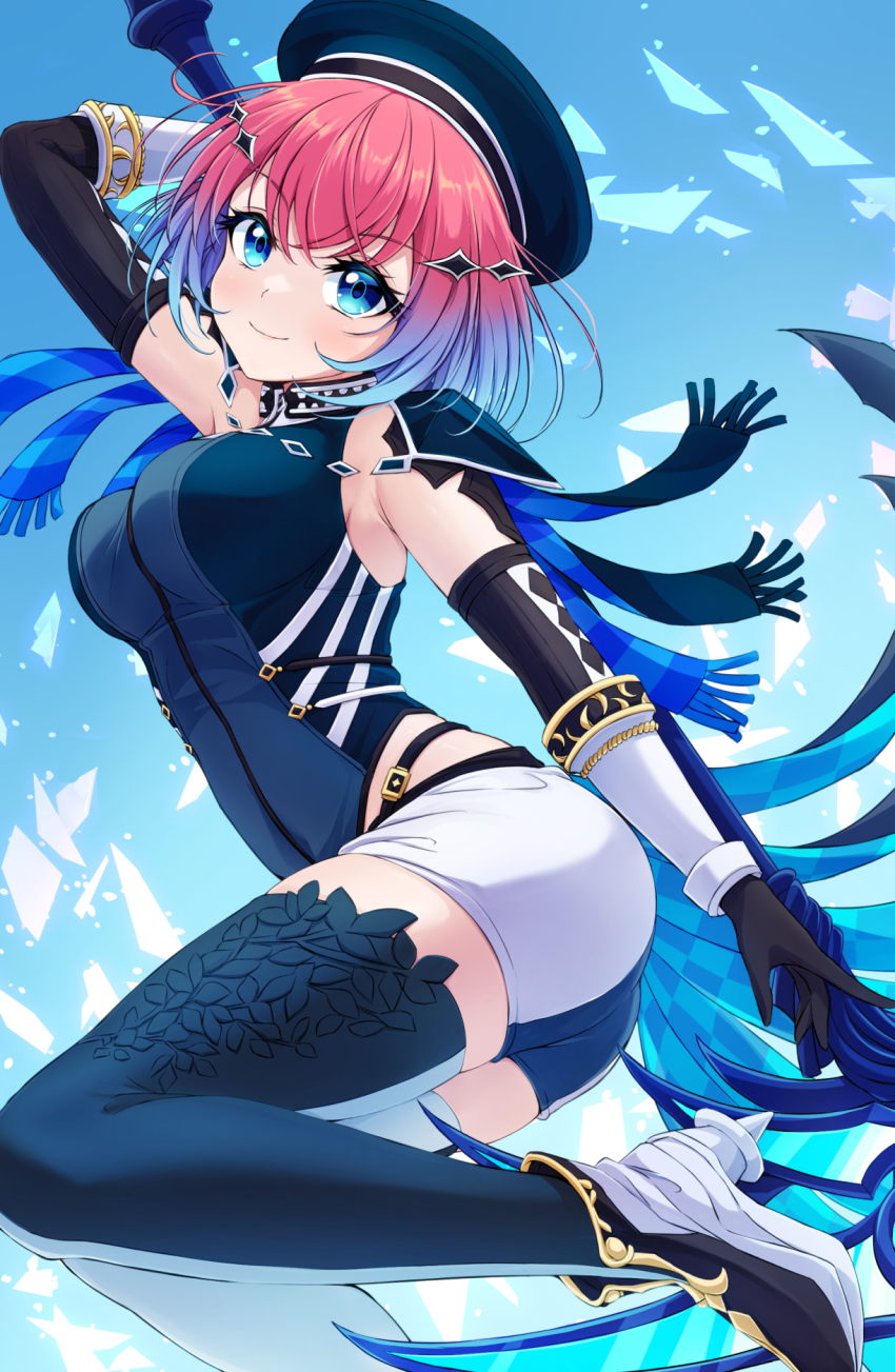 1girl, akirappy, beret, black_gloves, black_leotard, blue_eyes, blue_hair, breasts